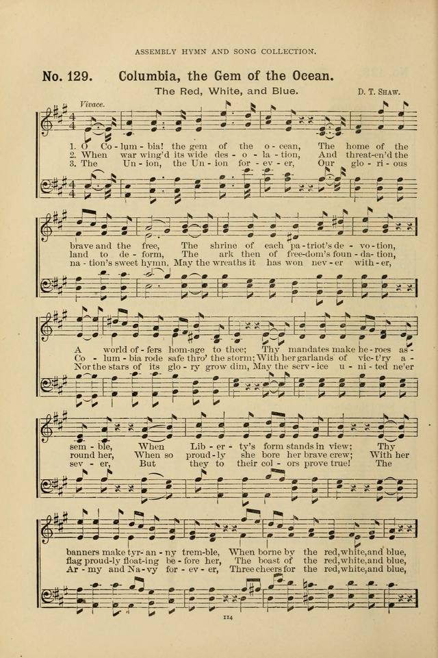 The Assembly Hymn and Song Collection: designed for use in chapel, assembly, convocation, or general exercises of schools, normals, colleges and universities. (3rd ed.) page 114
