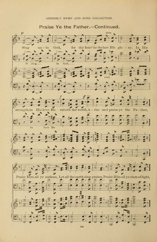 The Assembly Hymn and Song Collection: designed for use in chapel, assembly, convocation, or general exercises of schools, normals, colleges and universities. (3rd ed.) page 222