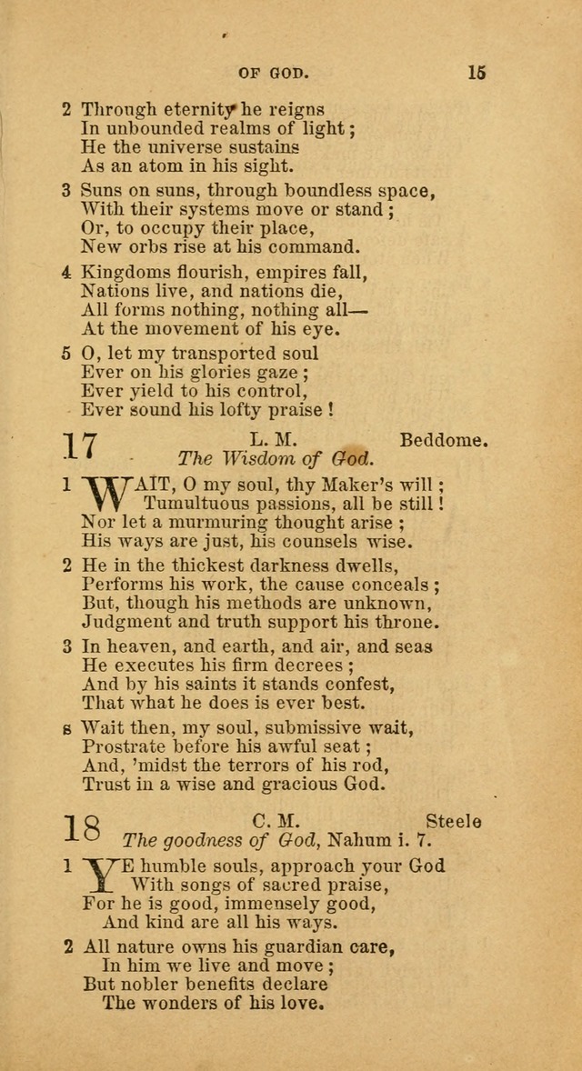 The Baptist Hymn Book: comprising a large and choice collection of psalms, hymns and spiritual songs, adapted to the faith and order of the Old School, or Primitive Baptists (2nd stereotype Ed.) page 15