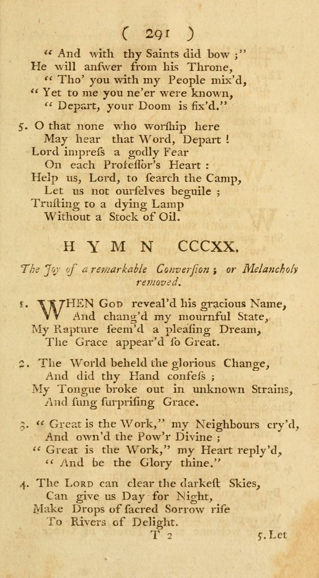 The Christians Duty, exhibited, in a series of Hymns: collected from various authors, designed for the worship of God, and for the edification of Christians (1st Ed.) page 291