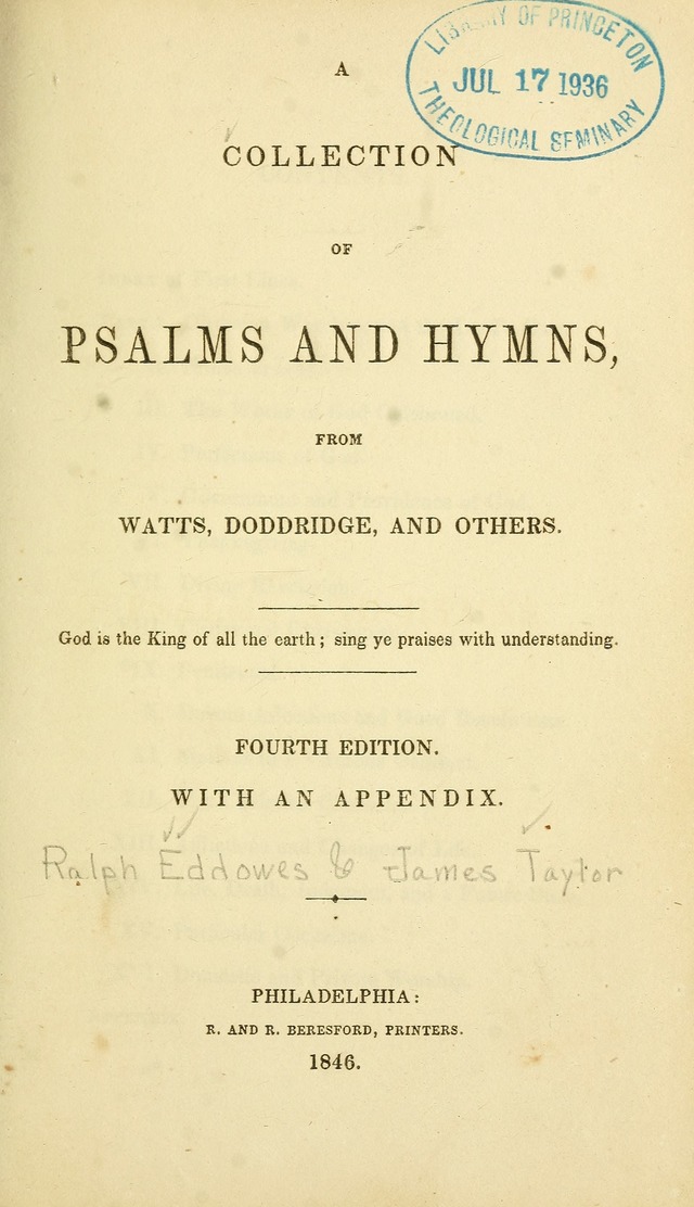 A Collection of Psalms and Hymns: from Watts, Doddridge, and others (4th ed. with an appendix) page 1