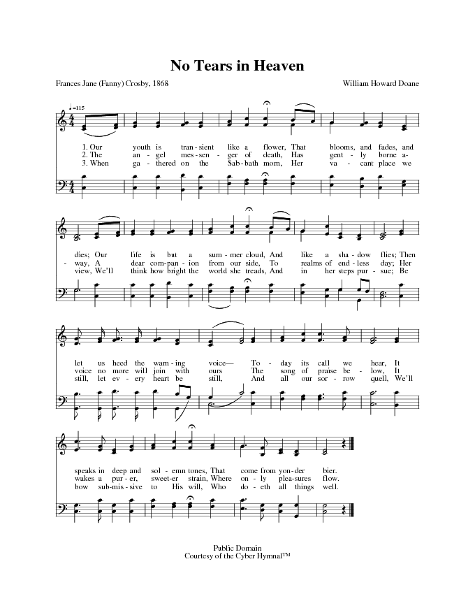 Hymn and Gospel Song Lyrics for No Tears in Heaven by Fanny Crosby