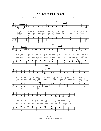 Hymn and Gospel Song Lyrics for No Tears in Heaven by Fanny Crosby