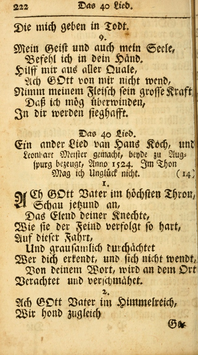 Ausbund, das ist Etliche Schöne Christliche Lieder wie sie in dem Gefängnüss zu Bassau in dem Schloß von den Schweitzer-Brüdern, und von anderen rechtgläubigen Christen hin und her gedichtet worden... page 222