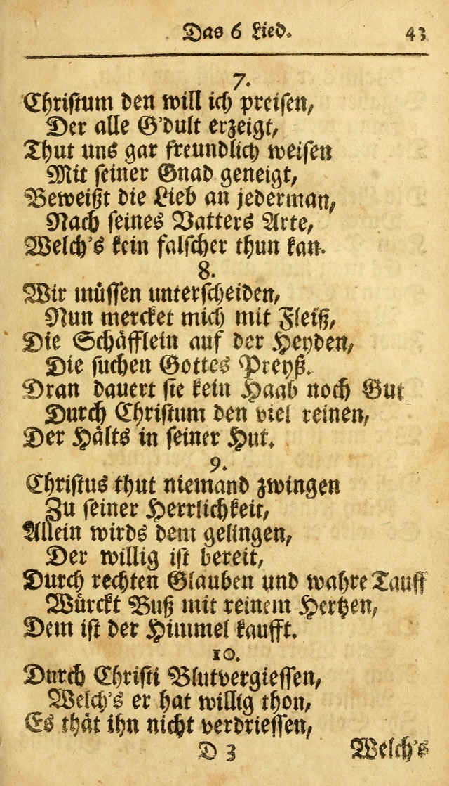 Ausbund, das ist Etliche Schöne Christliche Lieder wie sie in dem Gefängnüss zu Bassau in dem Schloß von den Schweitzer-Brüdern, und von anderen rechtgläubigen Christen hin und her gedichtet worden... page 43