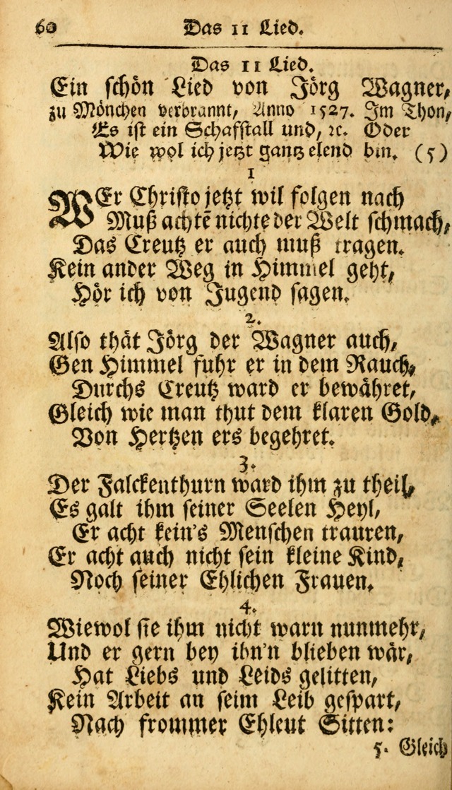 Ausbund, das ist Etliche Schöne Christliche Lieder wie sie in dem Gefängnüss zu Bassau in dem Schloß von den Schweitzer-Brüdern, und von anderen rechtgläubigen Christen hin und her gedichtet worden... page 60