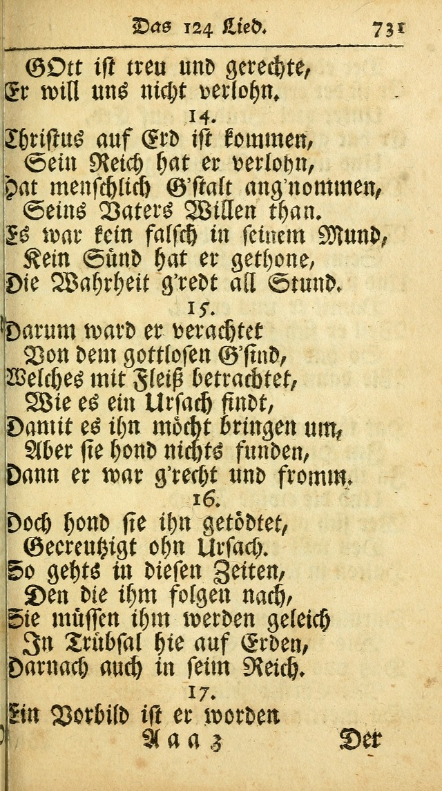 Ausbund, das ist Etliche Schöne Christliche Lieder wie sie in dem Gefängnüss zu Bassau in dem Schloß von den Schweitzer-Brüdern, und von anderen rechtgläubigen Christen hin und her gedichtet worden... page 731