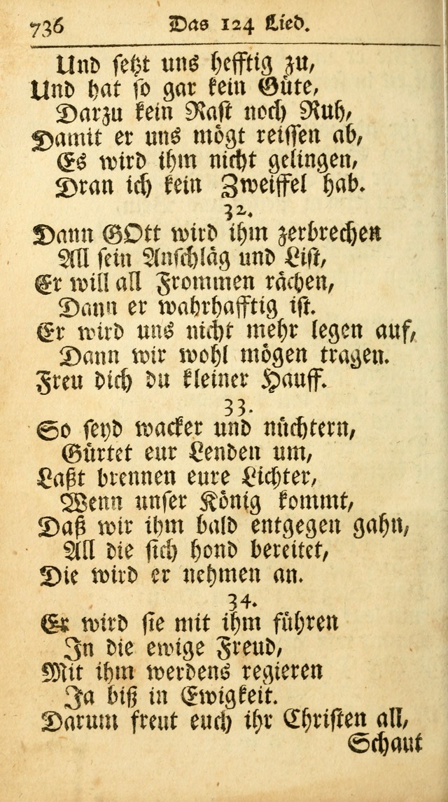 Ausbund, das ist Etliche Schöne Christliche Lieder wie sie in dem Gefängnüss zu Bassau in dem Schloß von den Schweitzer-Brüdern, und von anderen rechtgläubigen Christen hin und her gedichtet worden... page 736