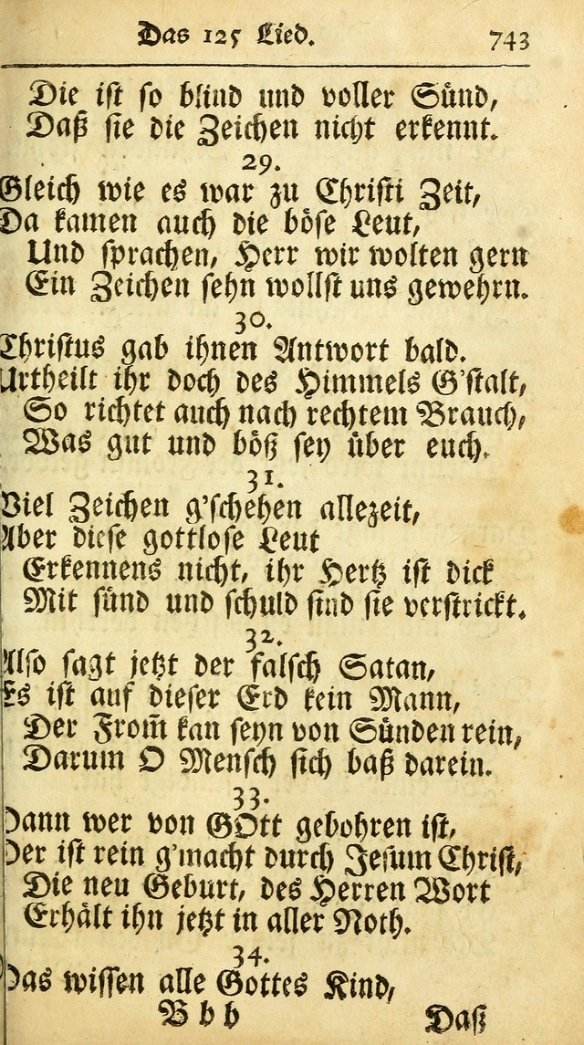 Ausbund, das ist Etliche Schöne Christliche Lieder wie sie in dem Gefängnüss zu Bassau in dem Schloß von den Schweitzer-Brüdern, und von anderen rechtgläubigen Christen hin und her gedichtet worden... page 743