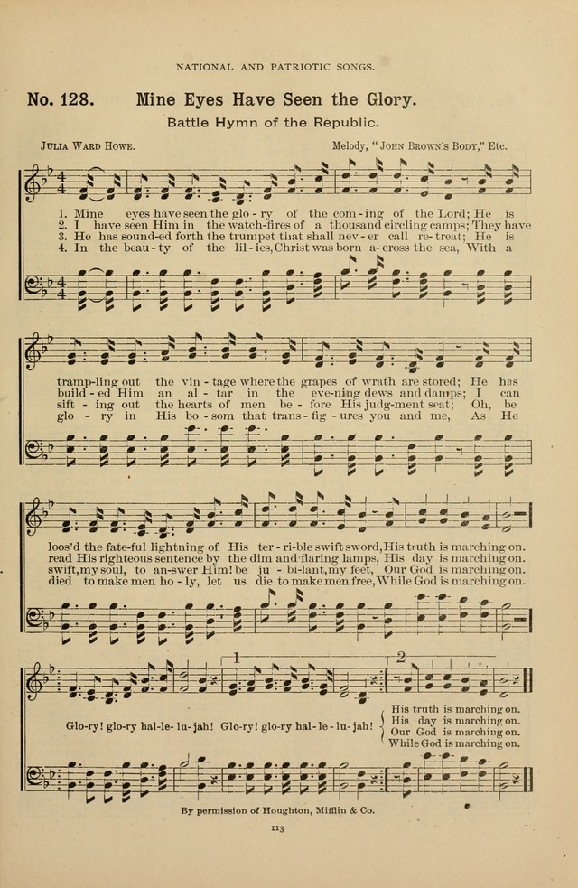 The Assembly Hymn and Song Collection: designed for use in chapel, assembly, convocation, or general exercises of schools, normals, colleges and universities. (3rd ed.) page 113