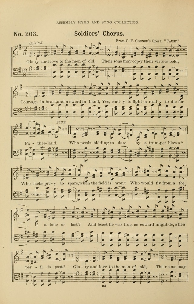 The Assembly Hymn and Song Collection: designed for use in chapel, assembly, convocation, or general exercises of schools, normals, colleges and universities. (3rd ed.) page 186