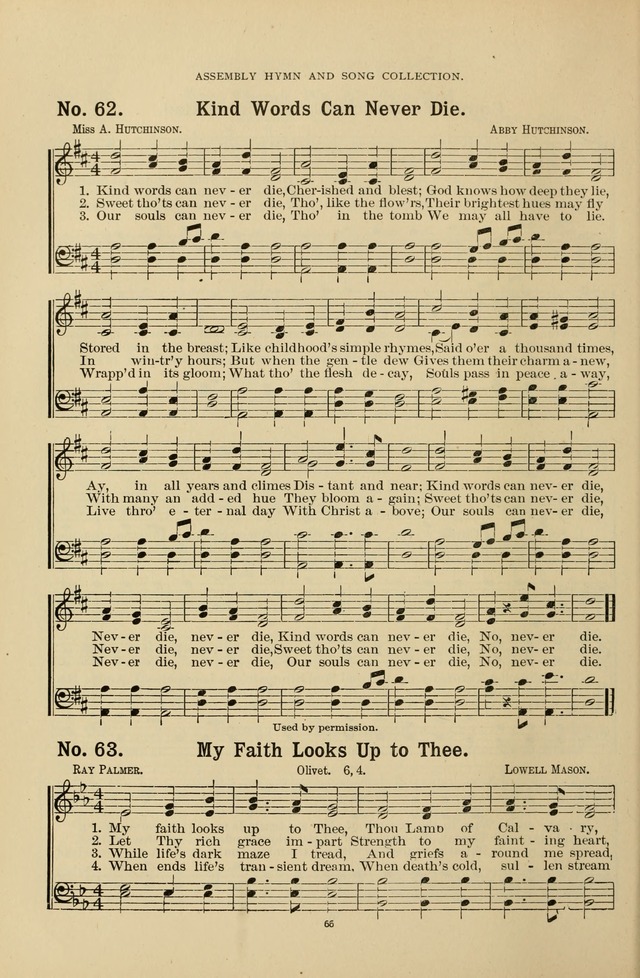 The Assembly Hymn and Song Collection: designed for use in chapel, assembly, convocation, or general exercises of schools, normals, colleges and universities. (3rd ed.) page 66