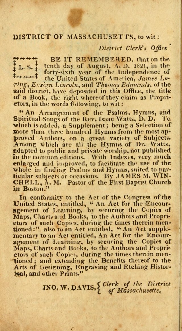 An arrangement of the Psalms, hymns, and spiritual songs of the Rev. Isaac Watts, D.D.: to which is added a supplement, being a selection of more than three hundred hymns from the most approved author page 9