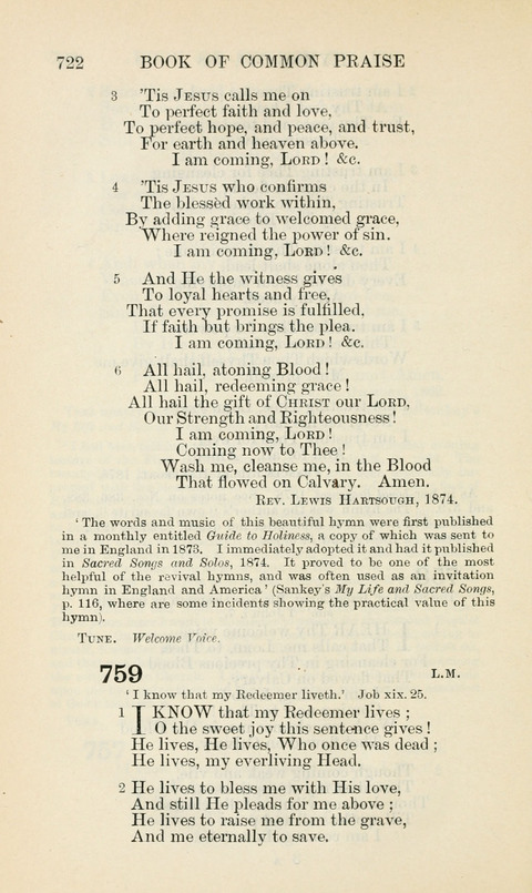 The Book of Common Praise: being the Hymn Book of the Church of England in Canada. Annotated edition page 722