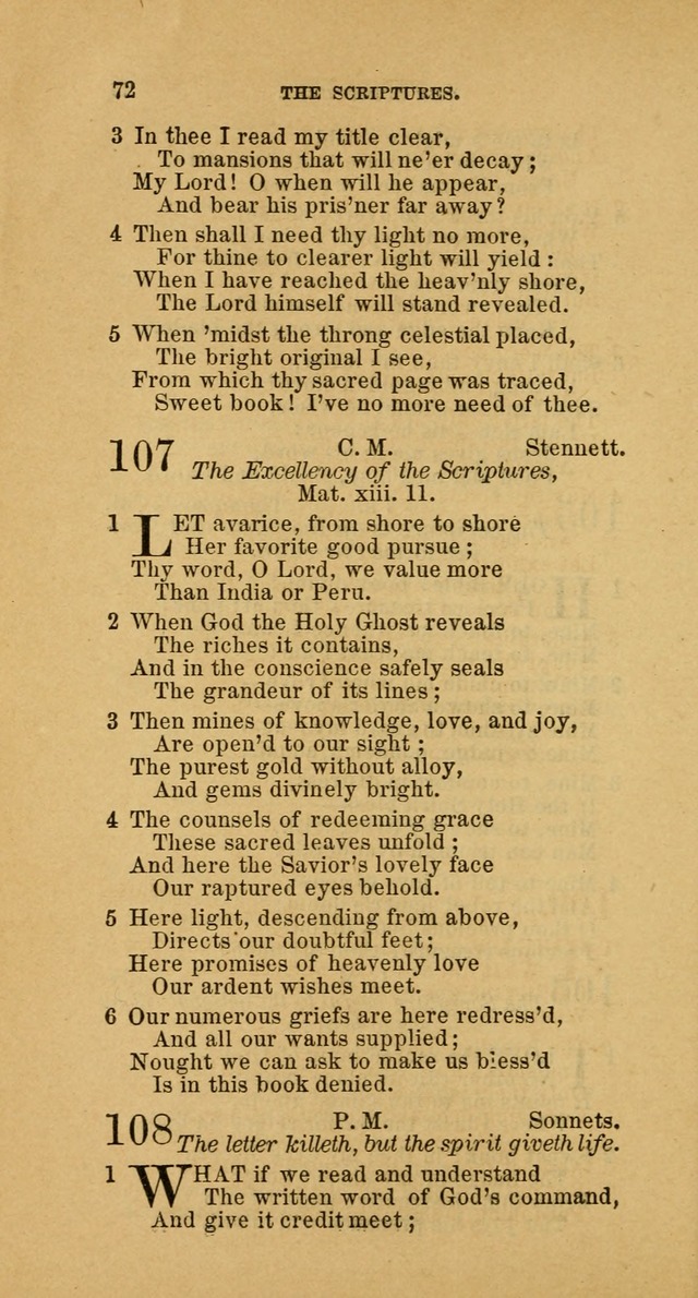 The Baptist Hymn Book: comprising a large and choice collection of psalms, hymns and spiritual songs, adapted to the faith and order of the Old School, or Primitive Baptists (2nd stereotype Ed.) page 72