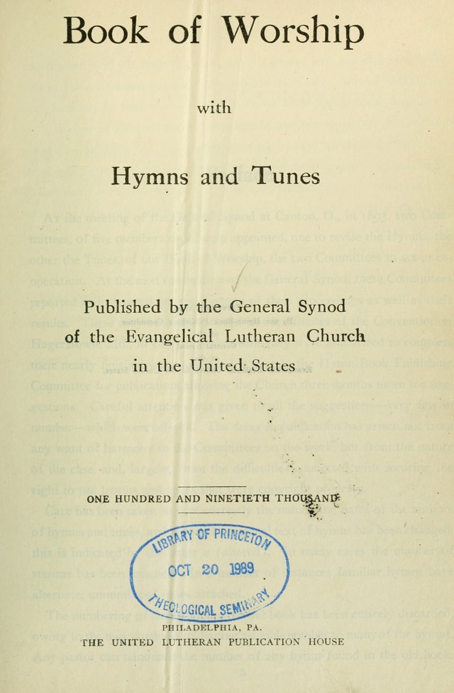 Book of Worship with Hymns and Tunes  page 1