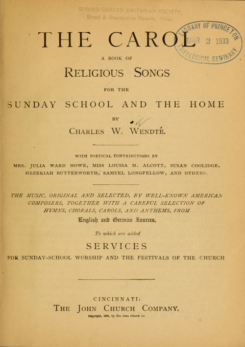 The Carol: a book of religious songs for the Sunday school and the home page 1