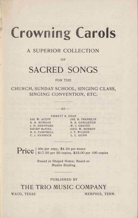 Crowning Carols: a superior collection of Sacred songs for the Church, Sunday school, singing class, singing convention, etc. page iv