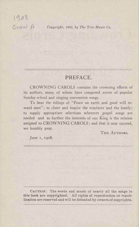 Crowning Carols: a superior collection of Sacred songs for the Church, Sunday school, singing class, singing convention, etc. page v
