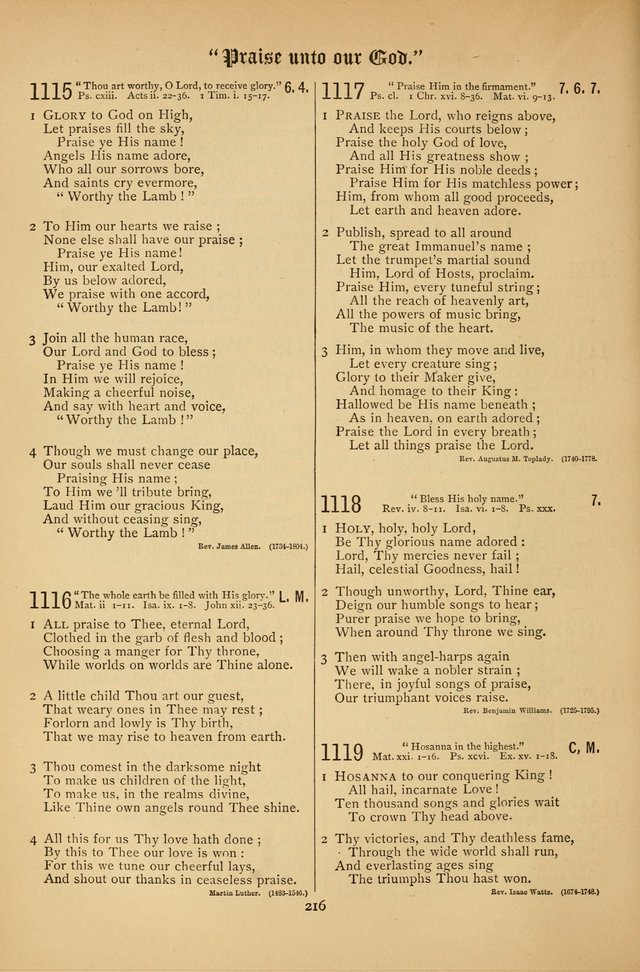 The Clifton Chapel Collection of "Psalms, Hymns, and Spiritual Songs": for public, social and family worship and private devotions at the Sanitarium, Clifton Springs, N. Y. page 216