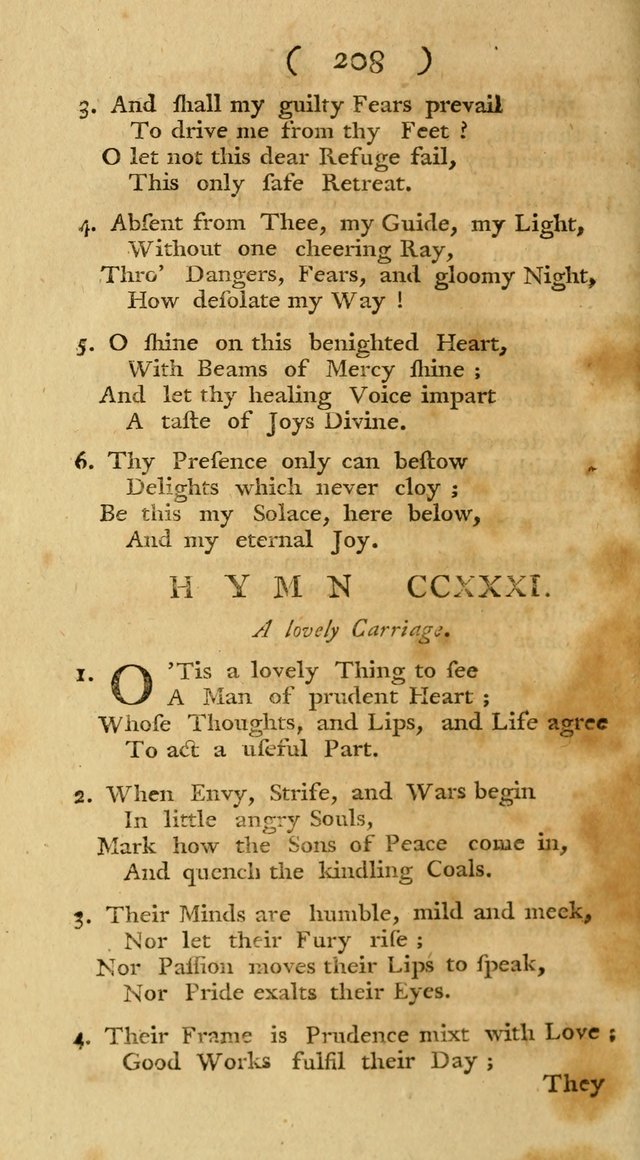 The Christians Duty, exhibited, in a series of Hymns: collected from various authors, designed for the worship of God, and for the edification of Christians (1st Ed.) page 208