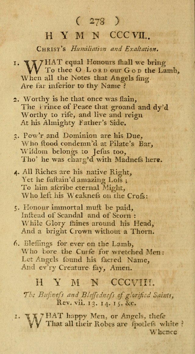 The Christians Duty, exhibited, in a series of Hymns: collected from various authors, designed for the worship of God, and for the edification of Christians (1st Ed.) page 278