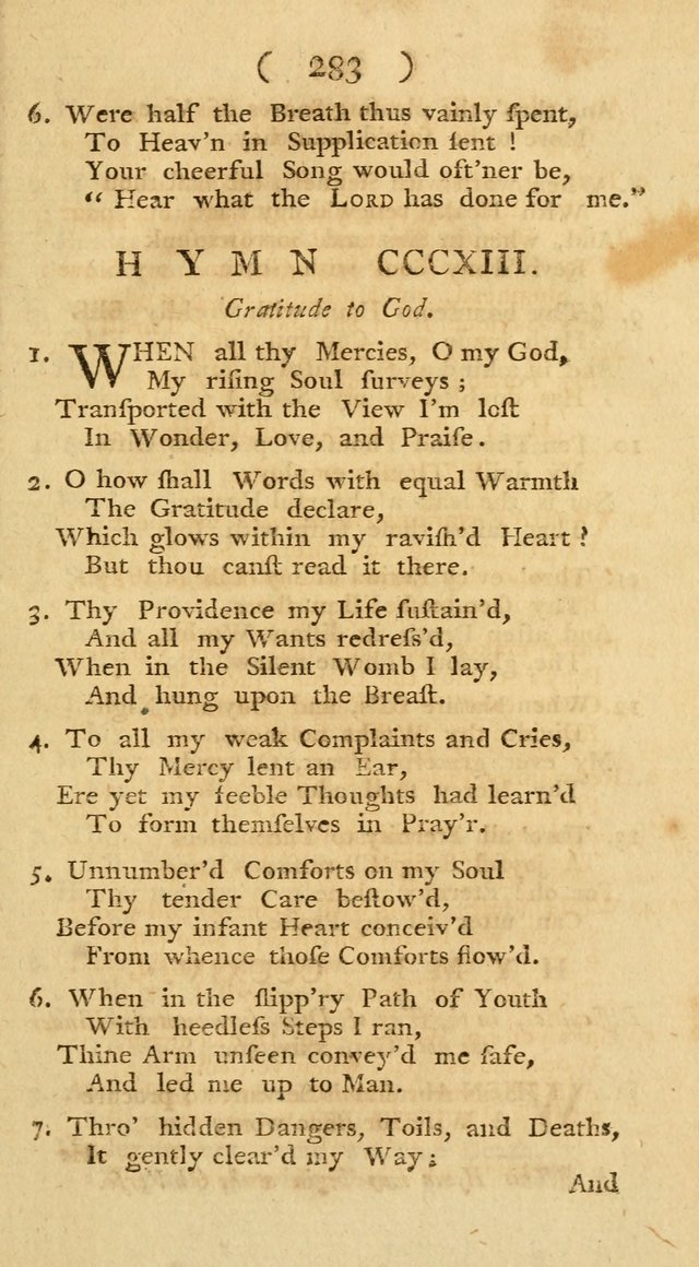 The Christians Duty, exhibited, in a series of Hymns: collected from various authors, designed for the worship of God, and for the edification of Christians (1st Ed.) page 283