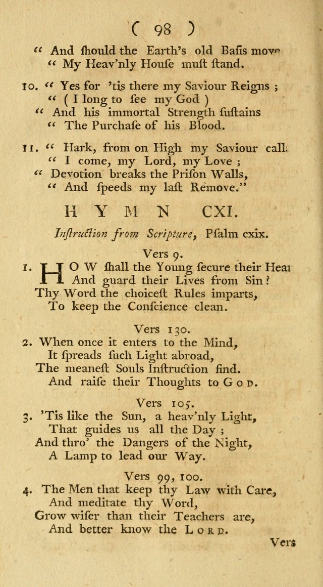 The Christians Duty, exhibited, in a series of Hymns: collected from various authors, designed for the worship of God, and for the edification of Christians (1st Ed.) page 98