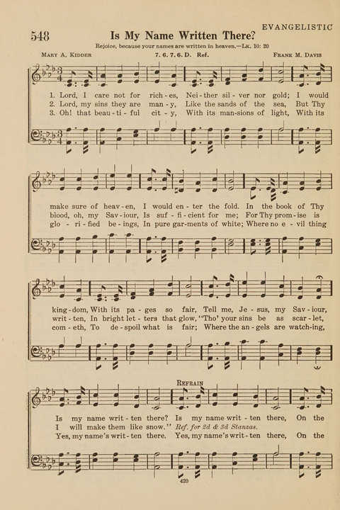 Church Hymnal, Mennonite: a collection of hymns and sacred songs suitable for use in public worship, worship in the home, and all general occasions (1st ed. ) [with Deutscher Anhang] page 420