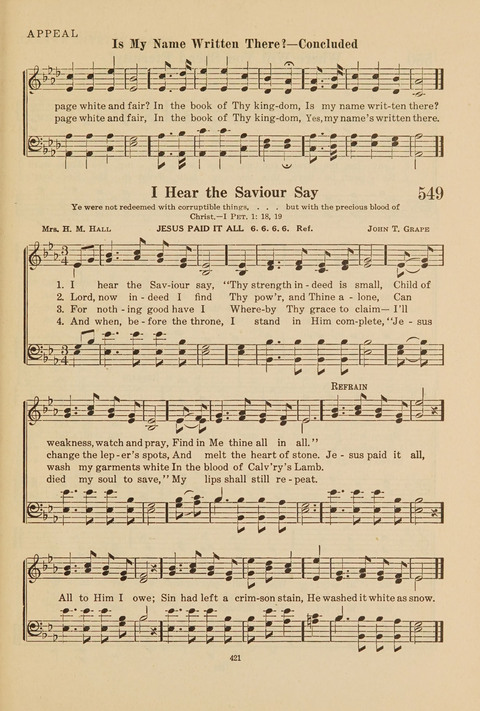 Church Hymnal, Mennonite: a collection of hymns and sacred songs suitable for use in public worship, worship in the home, and all general occasions (1st ed. ) [with Deutscher Anhang] page 421