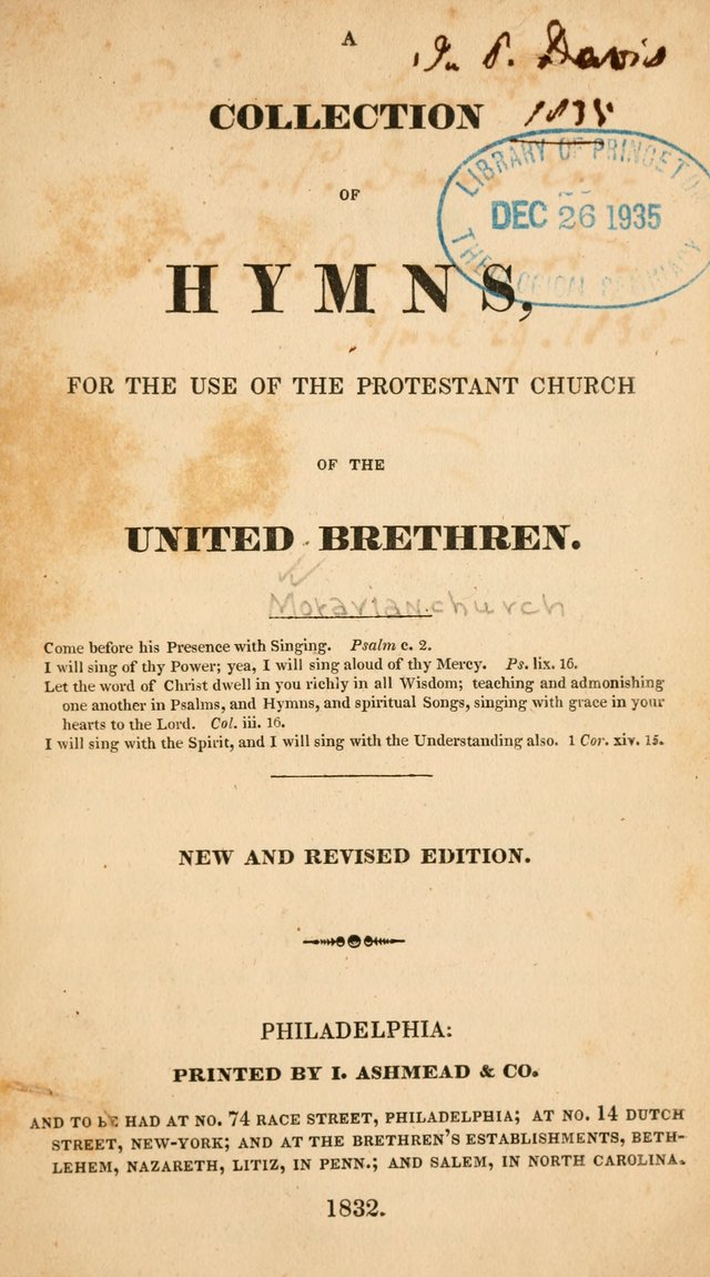 A Collection of Hymns, for the Use of the Protestant Church of the United Brethren. New and  Revised ed. page 6