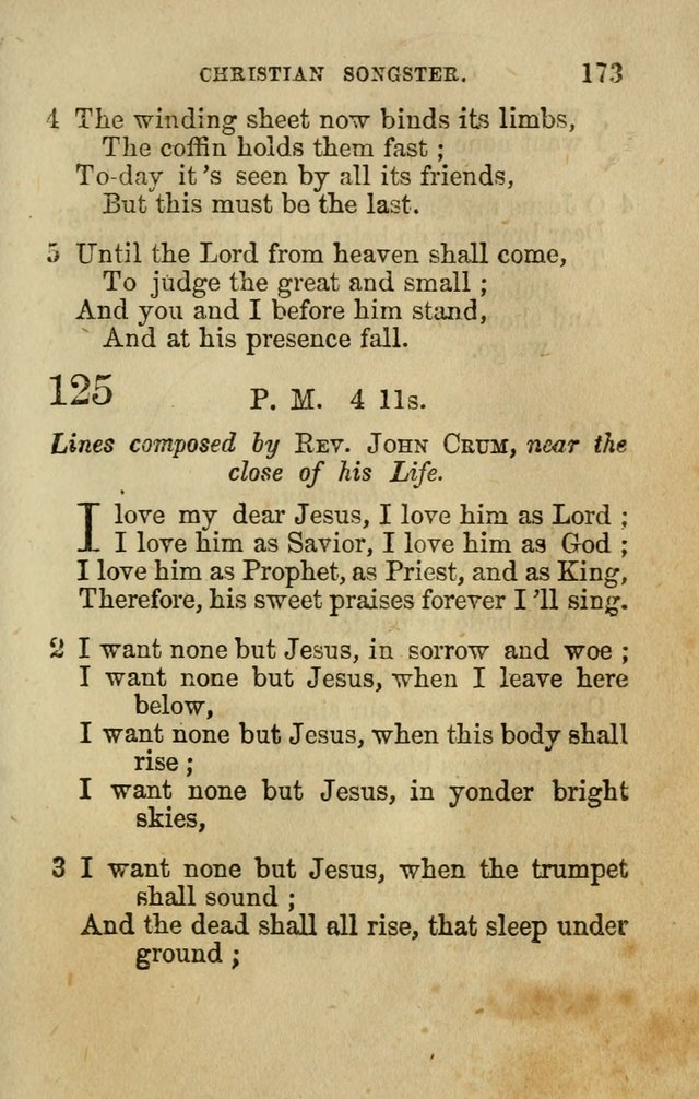 The Christian Songster: a collection of hymns and spiritual songs, usually sung at camp, prayer, and social meetings, and revivals of religion. Designed for all denominations page 182