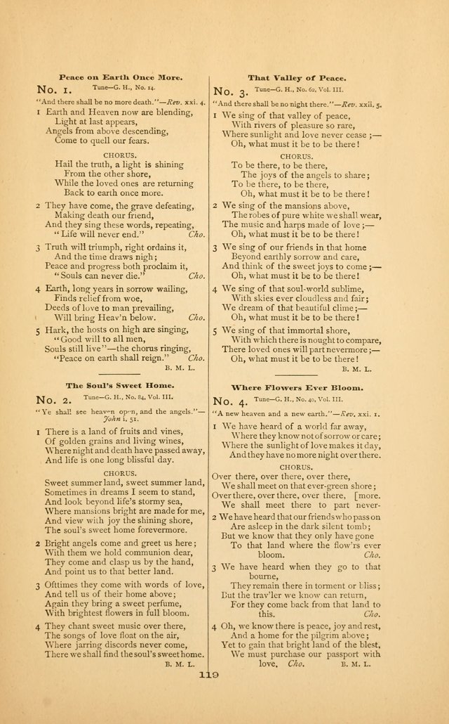Celestial Sonnets: a collection of new and original songs and hymns of peace and progress, designed for public gatherings, home circles, religious, spiritual, temperance, social and camp meetings, etc page 124