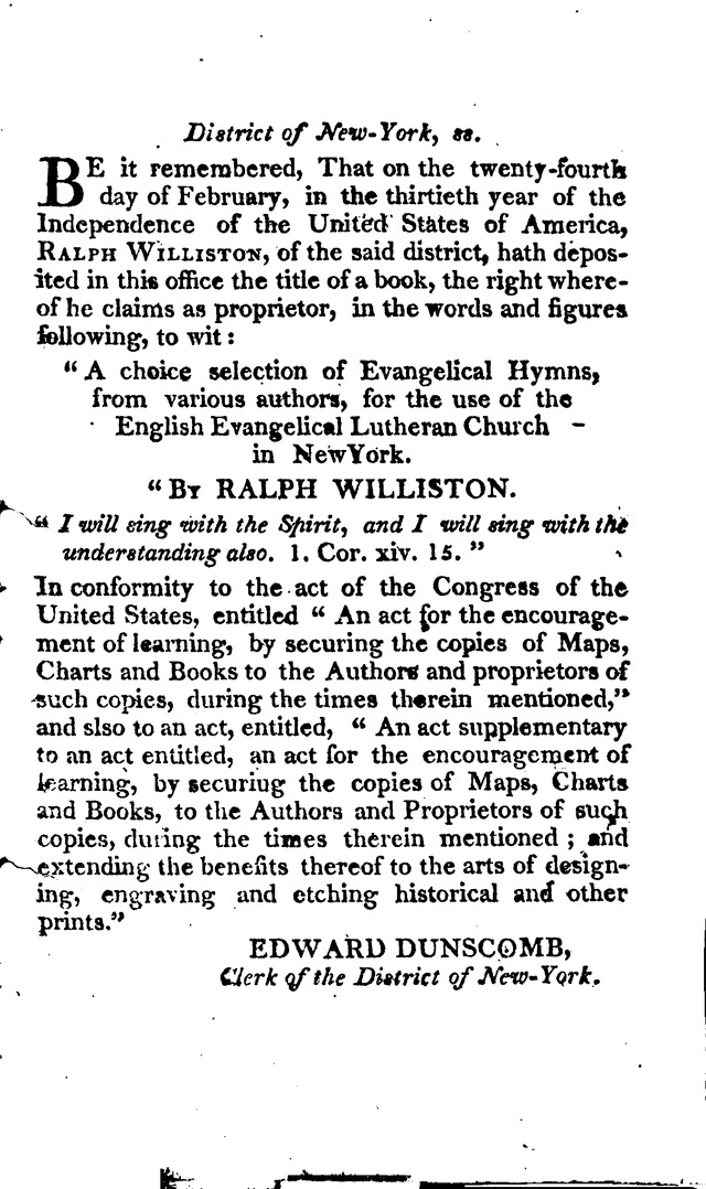 A Choice Selection of Evangelical Hymns, from various authors: for the use of the English Evangelical Lutheran Church in New York page iv