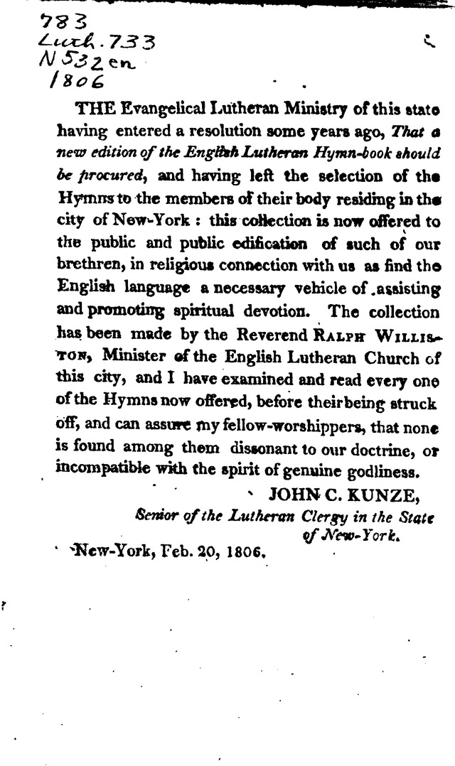 A Choice Selection of Evangelical Hymns, from various authors: for the use of the English Evangelical Lutheran Church in New York page v