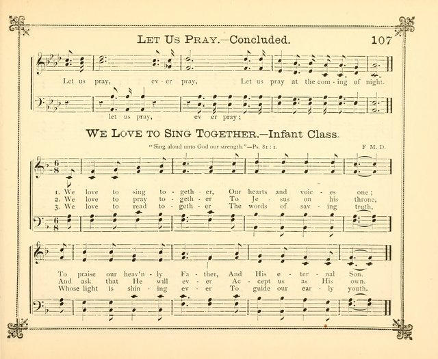 Carols of Joy: choice collection of songs and hymns for the Sunday School, Bible class, and the Home Circle to which has been added an easy method of Rudimental Instruction in Music, for Weekday Study page 107