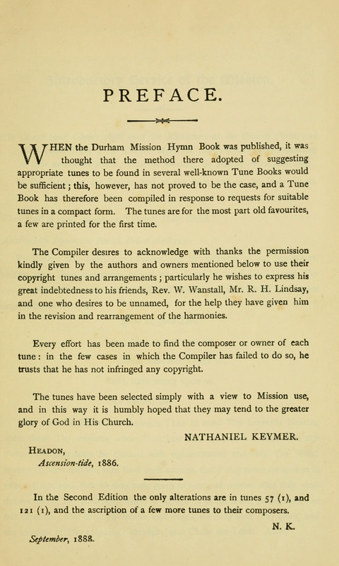 The Durham Mission Tune Book: with supplement, containting one hundred and fifty-nine hymn tunes, chants and litanies for the durham mission hymn-book (2nd ed.) page vi