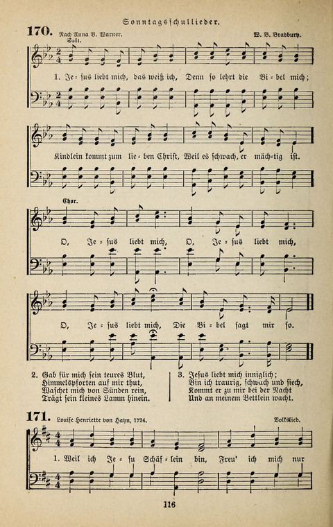 Evangelischer Liederschatz: eine Auswahl der bekanntesten Kernlieder für Sonntags-Schule, Vereine und Gottesdienste (2. Auflage) page 116