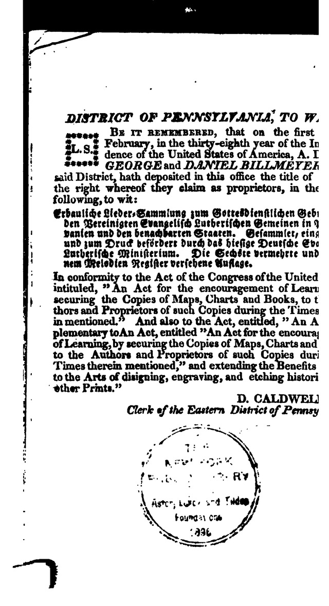 Erbauliche Lieder-Sammlung: zum gottestdienstlichen Gebrauch in den Vereinigten Evangelische-Lutherischen Gemeinen in Pennsylvanien und den benachbarten Staaten (Die Achte verm. ... Aufl.) page xiv