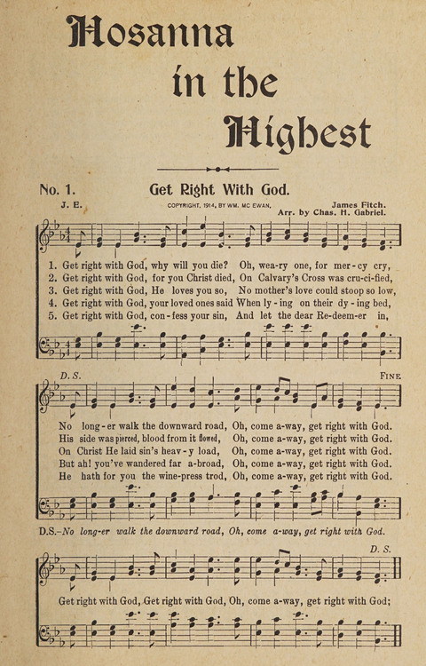 Hosanna in the Highest: a choice selection of beautiful gospel songs for the Sunday school, church, the home, and evangelistic services page 1