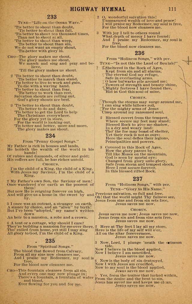 The Highway Hymnal: a choice collection of popular hymns and music, new and old. Arranged for the work in camp, convention, church and home page 111