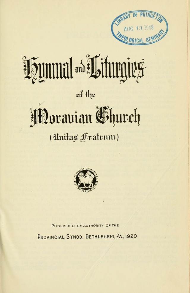 Hymnal and Liturgies of the Moravian Church page 1