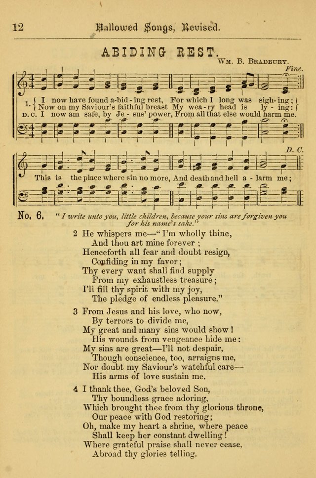 Hallowed Songs: for prayer and social meetings, containing hymns and tunes, carefully selected from all sources, both old and new, and are of the most spiritual..(Newly Revised) page 12