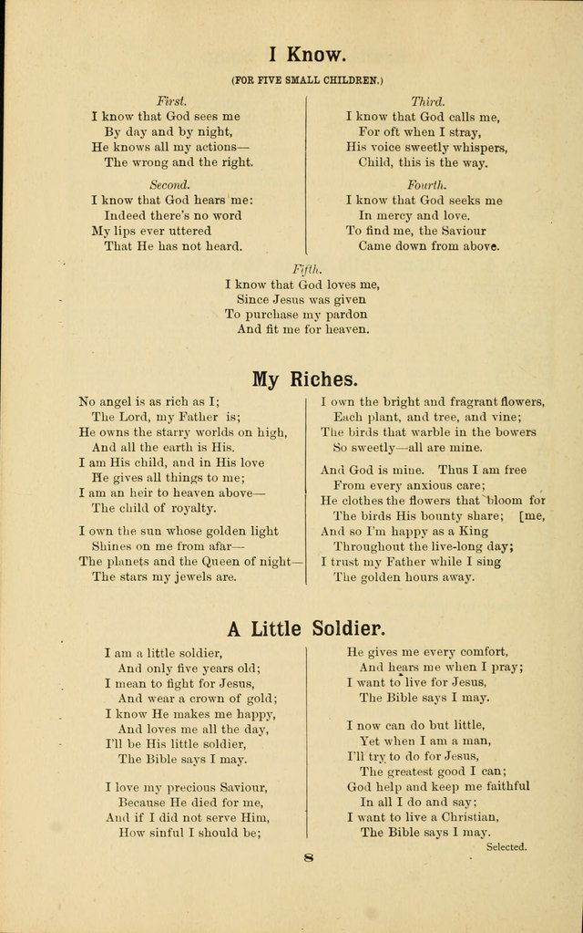 Melodies for Little People: containing also one hundred recitations for Sunday-schools, anniversary occasions, concerts, entertainments, and sociables, with songs adapted... page 8