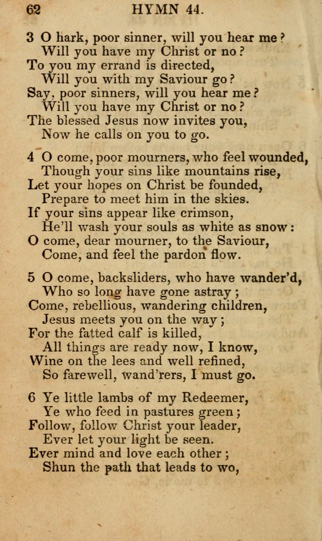 The New and Improved Camp Meeting Hymn Book; being a choice selection of hymns from the most approved authors designed to aid in the public and private devotion of Christians (4th ed. Stereotype) page 62