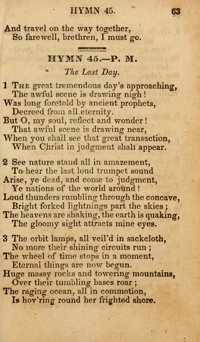 The New and Improved Camp Meeting Hymn Book; being a choice selection of hymns from the most approved authors designed to aid in the public and private devotion of Christians (4th ed. Stereotype) page 63
