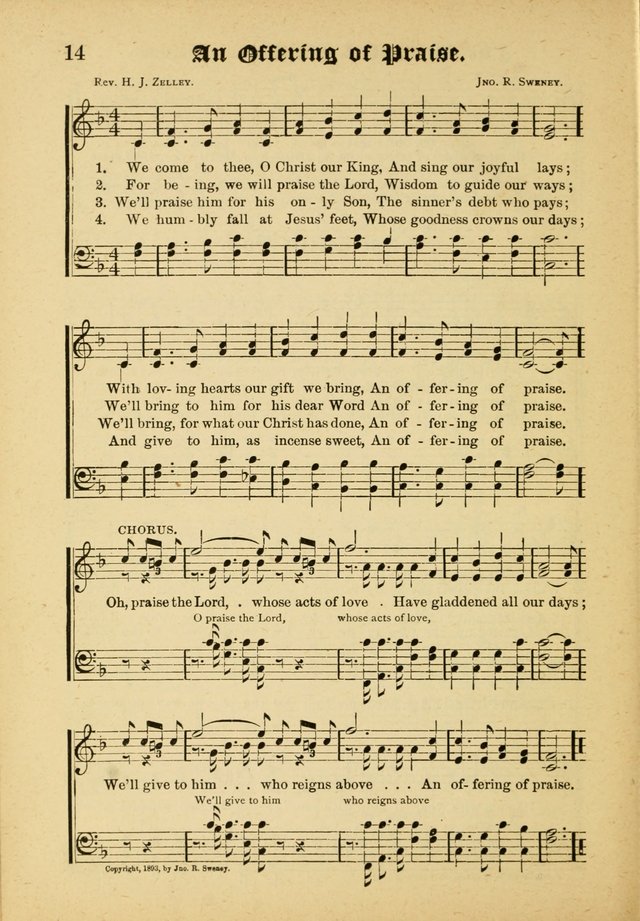 Our Praise in Song: a collection of hymns and sacred melodies, adapted for use by Sunday schools, Endeavor societies, Epworth Leagues, evangelists, pastors, choristers, etc. page 14