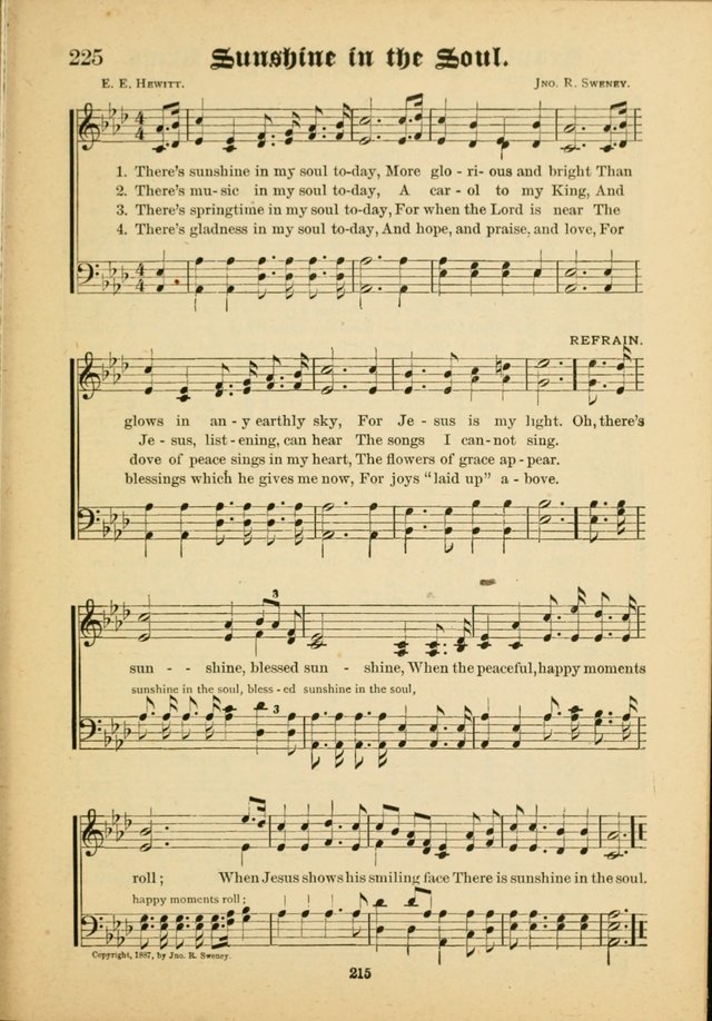 Our Praise in Song: a collection of hymns and sacred melodies, adapted for use by Sunday schools, Endeavor societies, Epworth Leagues, evangelists, pastors, choristers, etc. page 215