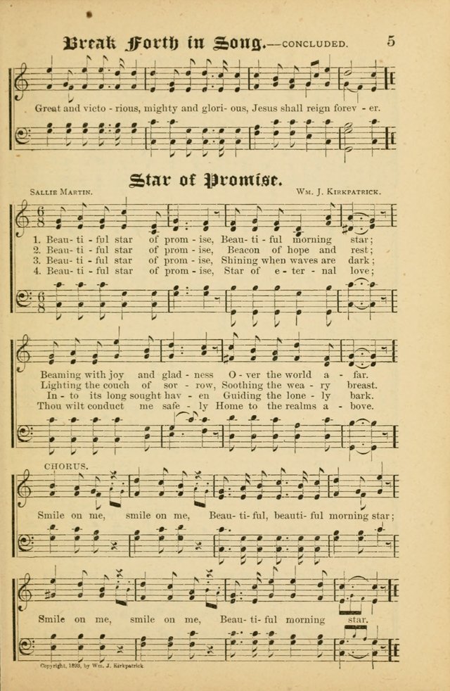 Our Praise in Song: a collection of hymns and sacred melodies, adapted for use by Sunday schools, Endeavor societies, Epworth Leagues, evangelists, pastors, choristers, etc. page 5