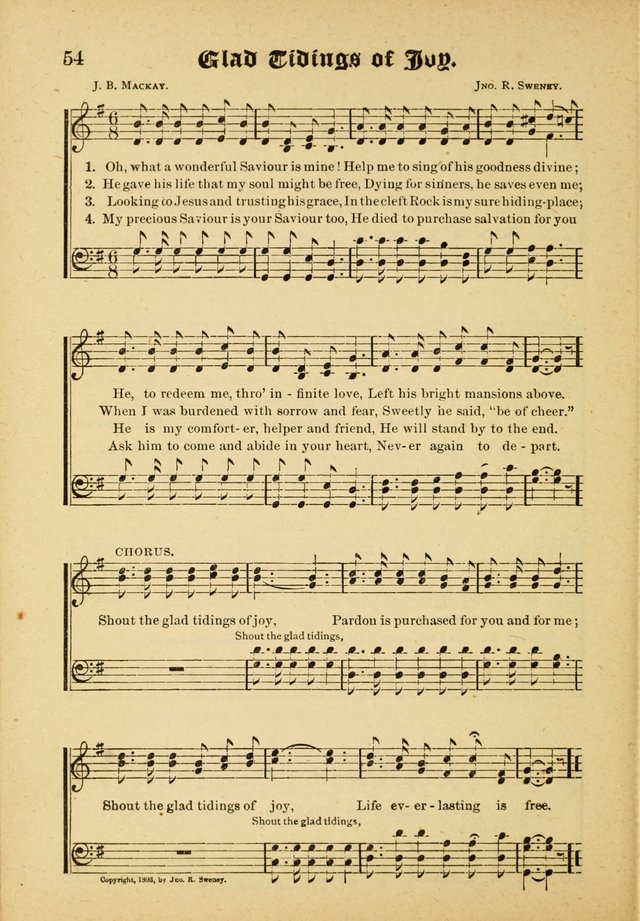 Our Praise in Song: a collection of hymns and sacred melodies, adapted for use by Sunday schools, Endeavor societies, Epworth Leagues, evangelists, pastors, choristers, etc. page 54